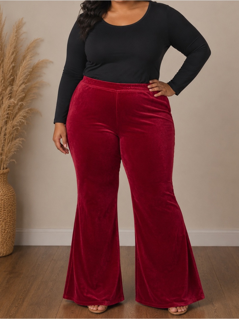 Juniors Plus Size Raspberry Red Velvet Bell Bottom Elastic Waist Pants Size 21